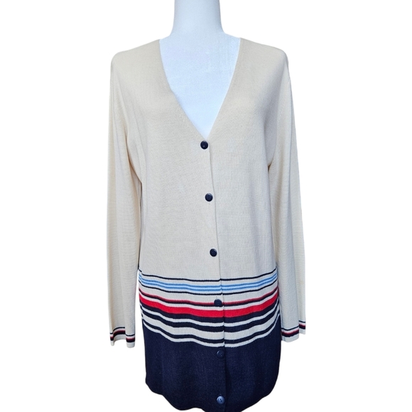 Jones&Co wool blend ivory tunic cardigan navy red striped bottom side slit L - Picture 7 of 15